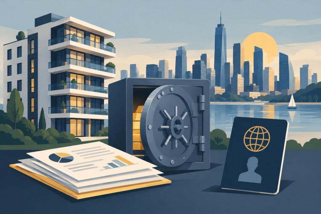 Ilustración de edificio, banco y documentos sobre residencia en Panamá