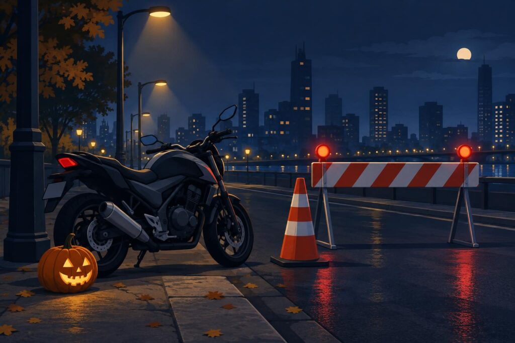 Moto junto a barrera vial y calabaza de Halloween
