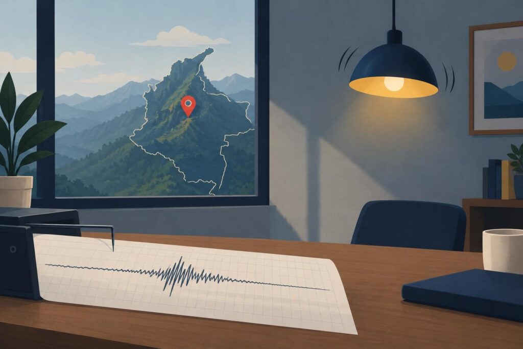 Ilustración de un sismógrafo y un mapa con luz temblorosa