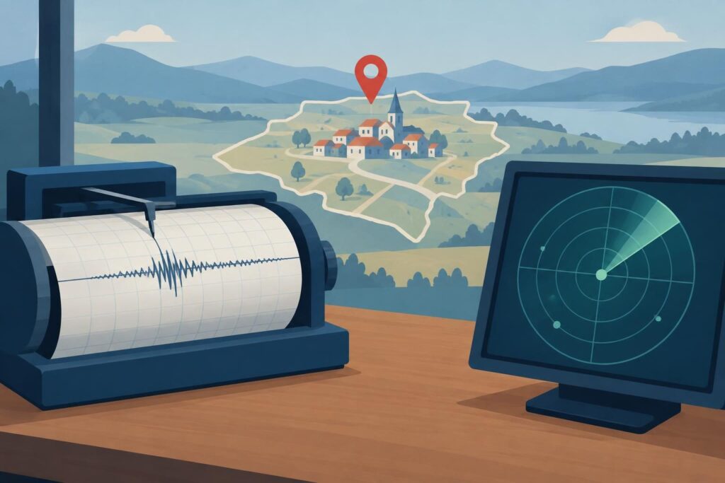 Sismógrafo y mapa con un pin sobre una zona rural