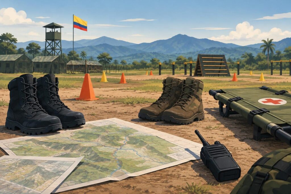 Ilustración de base militar con equipo de entrenamiento y camilla