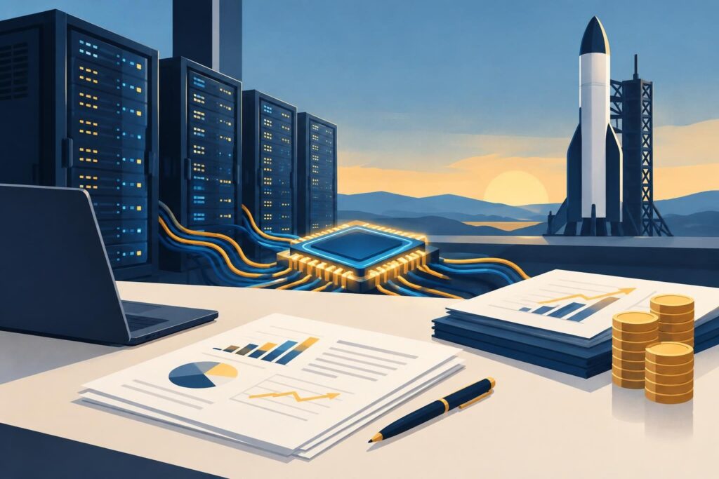 Ilustración de chips, servidores y un cohete para representar la inversión de SpaceX en IA