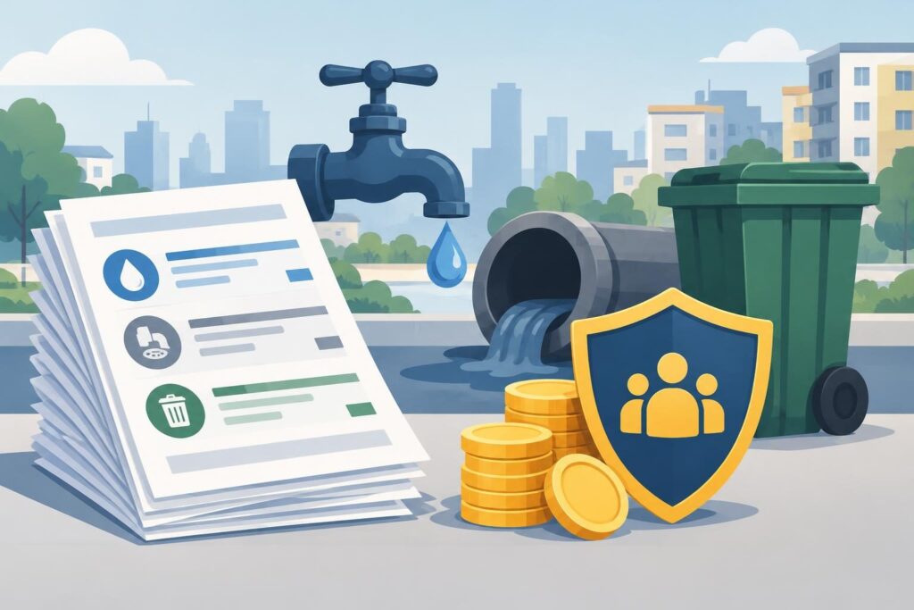 Ilustración de recibos, llave de agua y monedas con símbolo de apoyo social