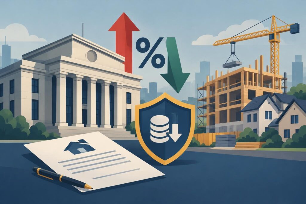 Ilustración de un banco central junto a una obra de vivienda y flechas de tasas