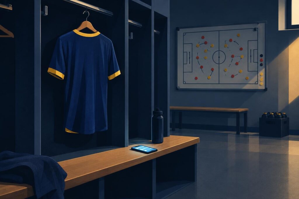 Camiseta sola en camerino con celular y tablero táctico
