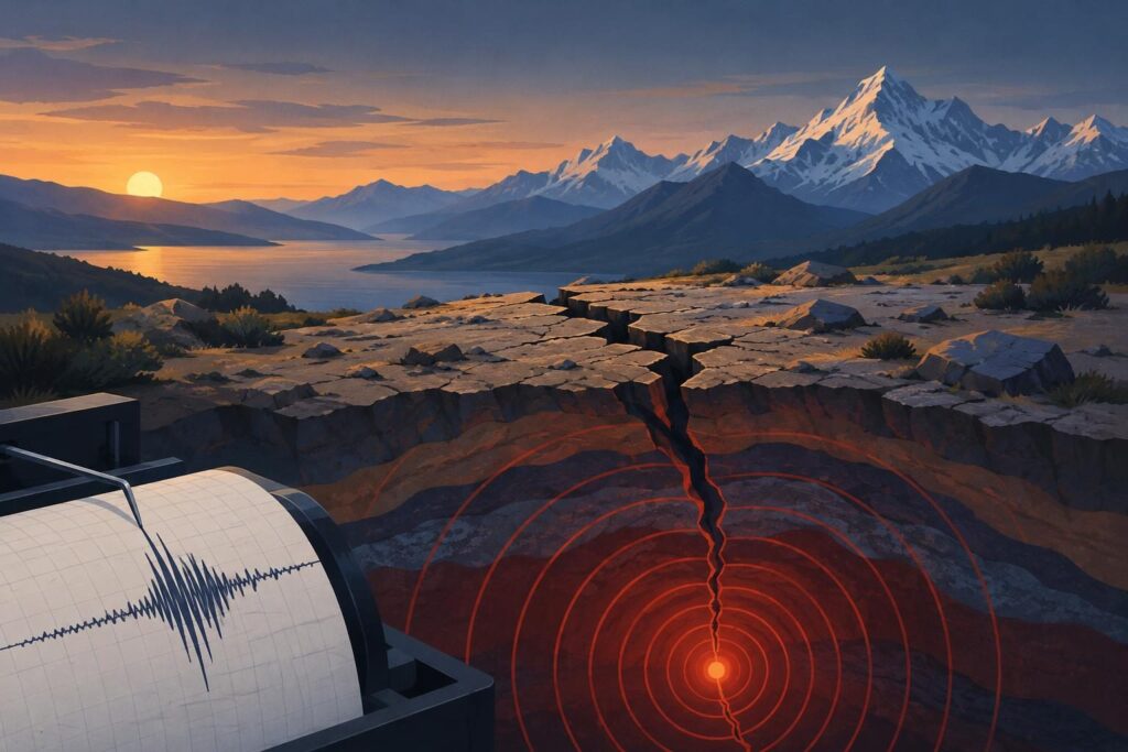 Paisaje montañoso agrietado con ondas sísmicas y un sismógrafo