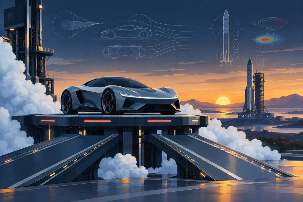 Auto futurista sobre una rampa con propulsores y humo frío