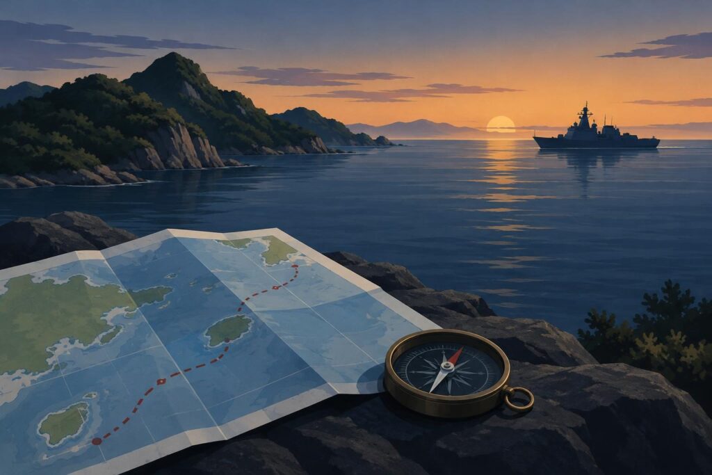 Ilustración de un barco y una costa insular con mapa y brújula