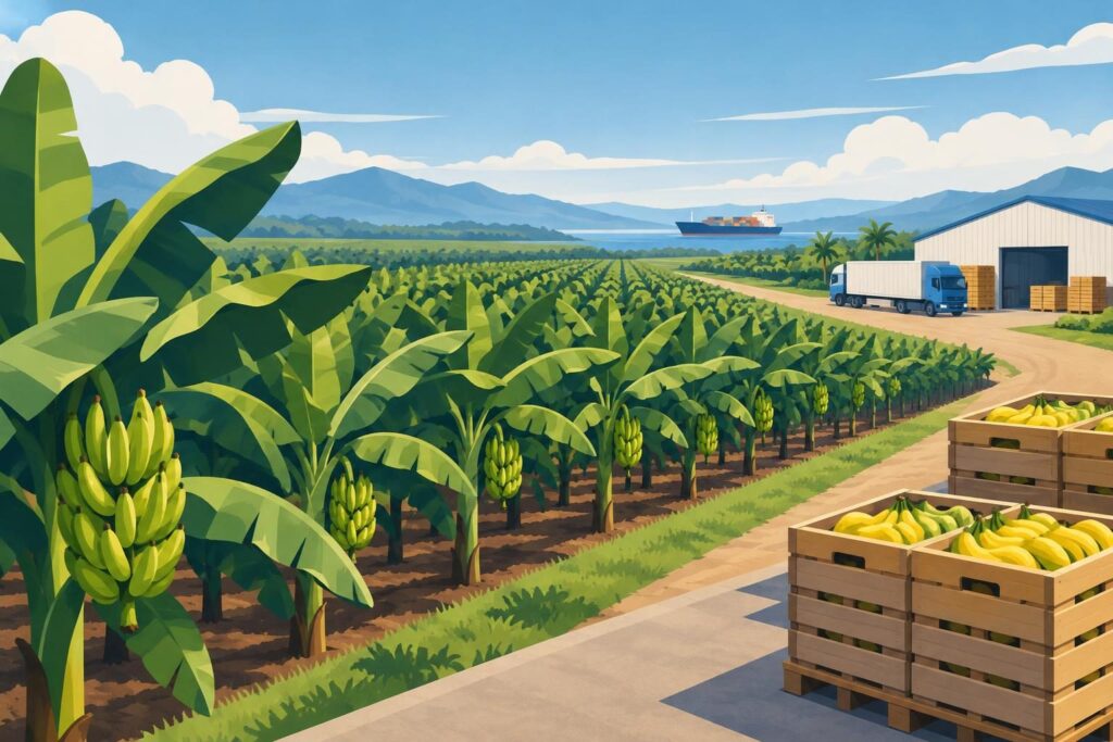 Plantación de banano con cajas de exportación y paisaje rural