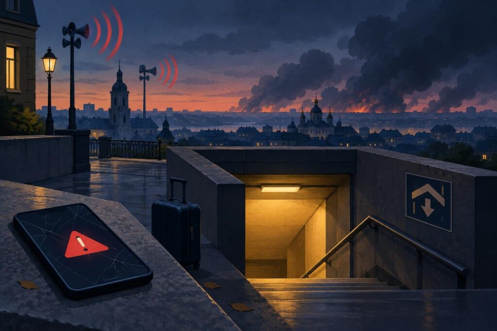Ciudad en guerra con sirena, refugio y cielo oscuro