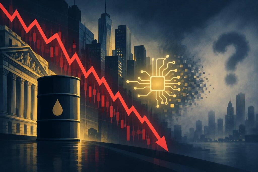 Ilustración de bolsa en rojo con barril de petróleo y símbolo de IA
