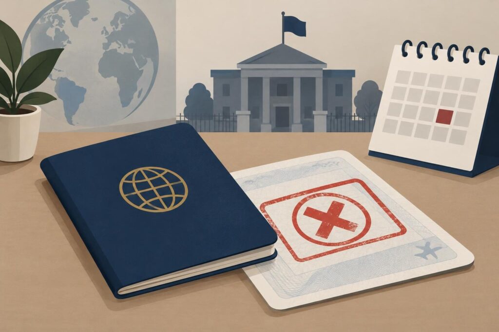 Pasaporte con sello de visa revocada y edificio de embajada